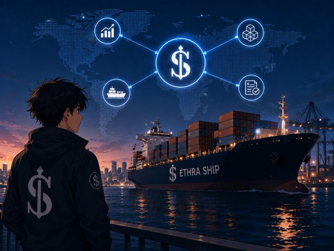An anime-style illustration of a young man wearing a jacket with a dollar sign ($) on the back, looking out at a large cargo ship labeled 'SETHRA SHIP' at a port, with a digital world map displaying connected finance and logistics icons floating above.