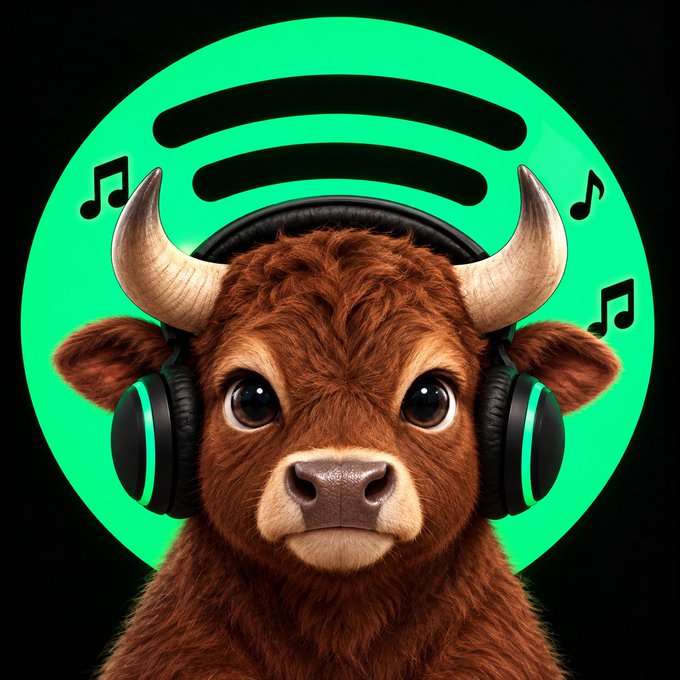 A digital illustration of a brown highland cow wearing black and green headphones, set against a green Spotify logo background with musical notes.
