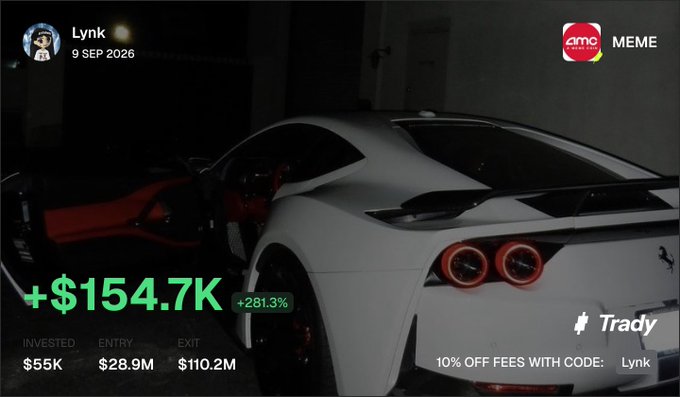 A user named Lynk shares a screenshot of their Trady trading app showing a +154.7K gain (+281.3%) on a long position, with $55K invested, $28.9M entry, and $110.2M exit. The image is set against a white sports car background and promotes a 10% off fees discount code "Lynk," illustrating the poster's claim of their first trade back being a successful, highly profitable win using Trady's radar tool.