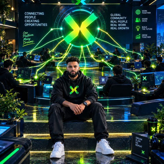 A digitally created image of a bearded man in black streetwear sitting in a futuristic neon-lit trading floor environment with multiple green 'X' logos and text like 'CONNECTING PEOPLE', 'CREATING OPPORTUNITIES', and 'GLOBAL COMMUNITY'.