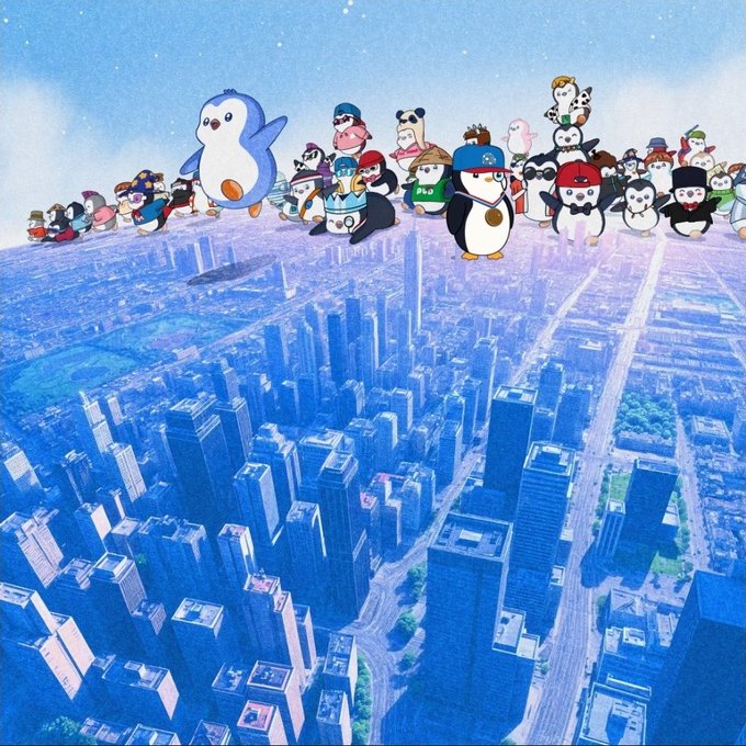 An illustration of numerous cartoon penguins and other cute animal characters standing in a crowd atop a blue city skyline against a starry sky.