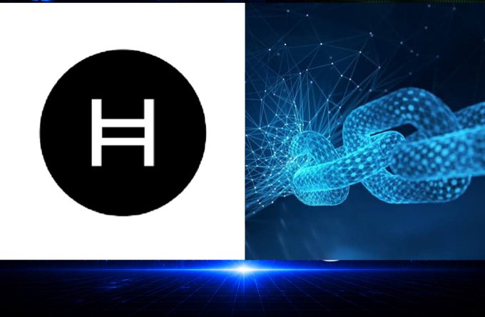 A graphic showing the HBAR/Hedera logo on the left and a blue digital blockchain chain visualization on the right.
