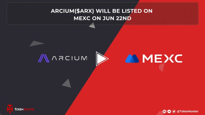 The image features a promotional poster for an upcoming event related to cryptocurrency. The poster displays two logos - one representing Arcium (ARIX) and the other representing MEXC, both of which are listed as being listed on MEXC on June 22nd. The text in the image indicates that this event is focused on expanding market access and exposure to a broader global trading community for cryptocurrency companies like Arcium and MEXC.