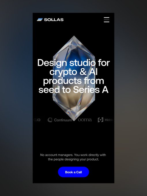 A mobile website landing page for SOLLAS, a 'Design studio for crypto & AI products from seed to Series A', featuring a crystal graphic and a 'Book a Call' button.
