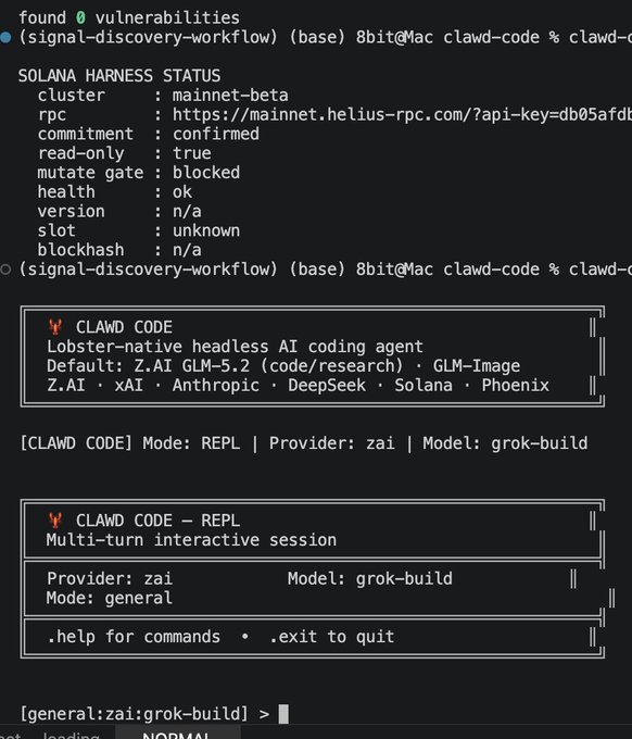 A terminal interface showing 'CLAWD CODE', a lobster-native headless AI coding agent, displaying Solana harness status and model provider info (zai/grok-build).