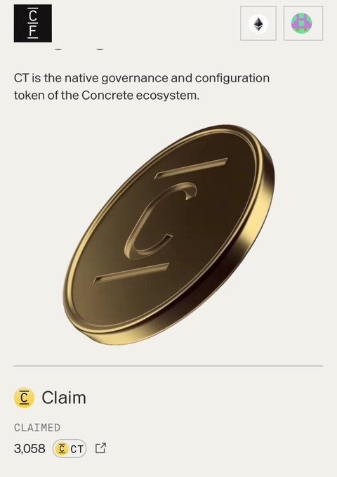 A 3D golden CT token is displayed alongside the text "CT is the native governance and configuration token of the Concrete ecosystem," with a claim section showing 3.058 CT claimed, representing the user's airdrop reward mentioned in the post.