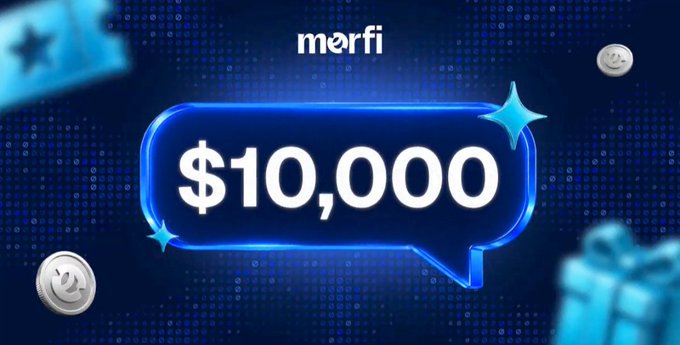 A promotional graphic for Morfi Markets featuring a glowing blue speech bubble displaying "$10,000" against a dark starry background, with the brand name "morfi" at the top and decorative elements including coins, tickets, and gift boxes, teasing an upcoming giveaway tied to the launch of their Public Devnet.