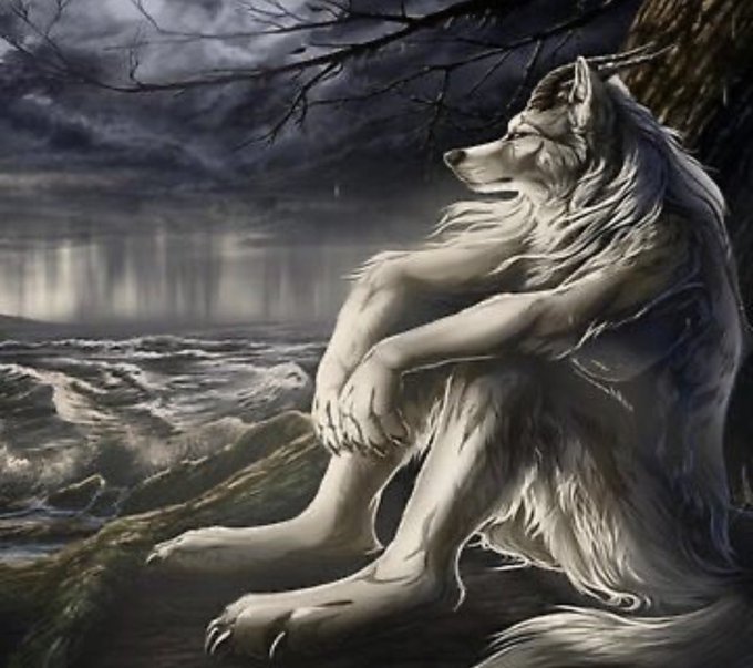 A digital painting of a white-furred anthropomorphic wolf character with long flowing hair, sitting contemplatively by a turbulent sea under a dark, cloudy sky.