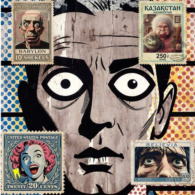 An artistic collage featuring a black-and-white illustrated face in the center surrounded by four postage stamps depicting characters, with the text 'MESOPOTAMIA POST BABYLON 10 SHEKELS', 'KAZAKHSTAN 250', 'UNITED STATES POSTAGE TWENTY 20 CENTS', and 'BELIEVIA 100'.