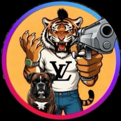 A circular logo featuring an anthropomorphic tiger wearing a white Louis Vuitton t-shirt and jeans, holding a pistol while a small brown dog stands beside it, set against an orange background with a purple border.