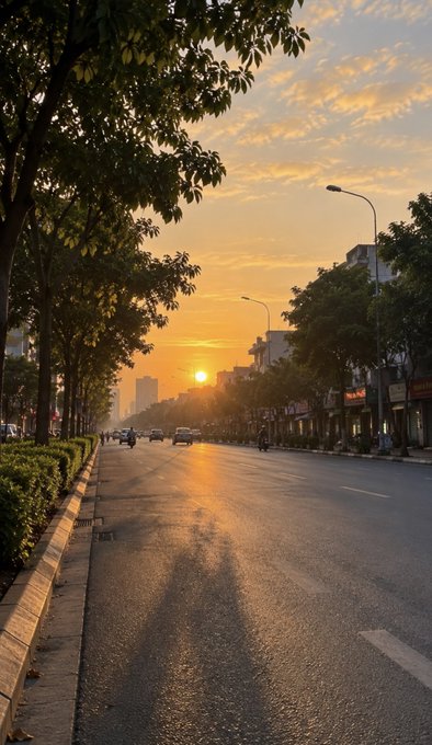 A scenic sunset view down a tree-lined city street with the sun setting on the horizon, casting warm golden light over the road.