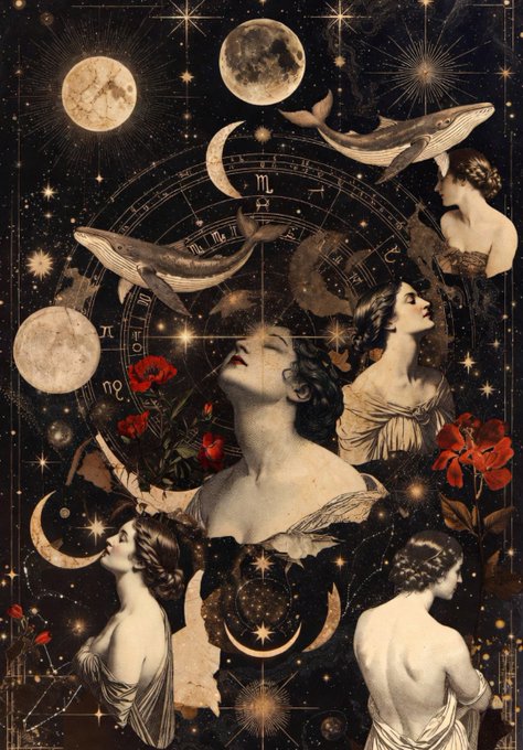 A mystical, vintage-style collage featuring women looking up at stars, moons, whales, and zodiac symbols against a dark celestial background.