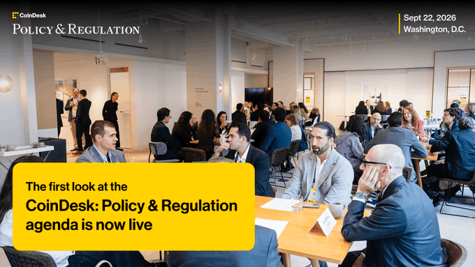 The image promotes CoinDesk's "Policy & Regulation" event on September 22, 2026, in Washington, D.C., featuring attendees gathered in a conference-style setting with the headline "The first look at the CoinDesk: Policy & Regulation agenda is now live." The accompanying post shares a link to view the agenda and invites audiences to join conversations between private and public sector leaders shaping crypto policy.