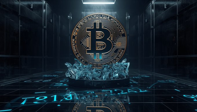 A digital art rendering of a large golden Bitcoin coin displayed on a pedestal with crystalline elements, set in a dark, futuristic server room environment with glowing blue accents.