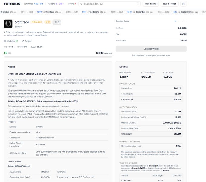 A website for 'ordr.trade' (ORDR) on Futarigio, described as a fully on-chain order book exchange on Solana, seeking $150K funding with a launch price of $0.015 and total supply of 25.8M.