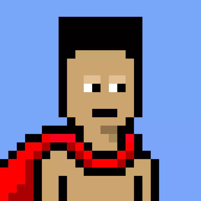A pixel art portrait of a person with short black hair wearing a red top against a blue background.