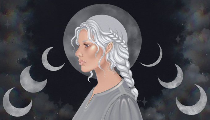 RT/RP Kosar's digital illustration features a woman with white hair, wearing a gray shirt, standing against a dark background that includes five crescent moon shapes arranged around her head. The overall composition of the artwork has a strong message about self-love and acceptance, as it portrays a beautiful figure embracing her unique appearance.