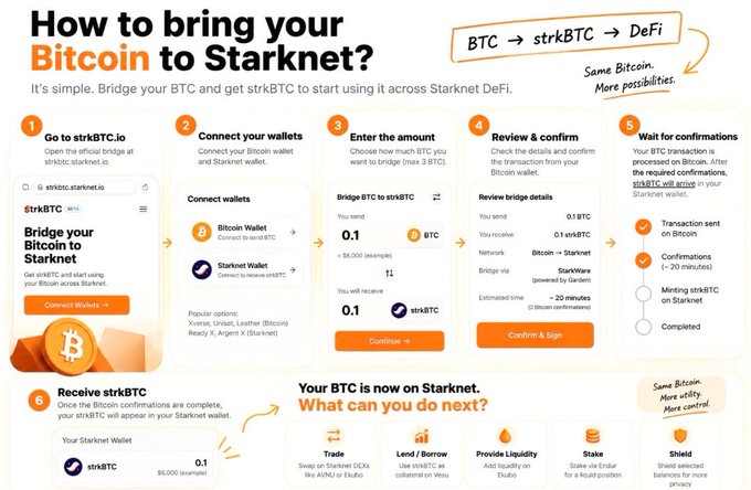 An infographic titled 'How to bring your Bitcoin to Starknet?' showing a 6-step process to bridge BTC to strkBTC via strkBTC.io, including steps to go to the site, connect wallets, enter amount, review, confirm, and receive strkBTC.