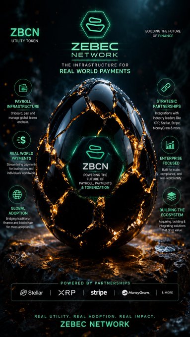 Promotional graphic for 'Zebec Network' (ZBCN Utility Token) describing it as 'The Infrastructure for Real World Payments' with features like payroll, global adoption, and strategic partnerships.