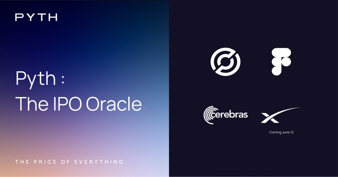 The image features a poster for an event related to IPOs, with three logos representing different companies - Pyth, The IPO Oracle, and Cerebra X. The poster also includes text that reads "Three IPOs in twelve months. Three day-one feeds on Pyth. $CRCL ( @circle ) in June $$ $$ $$ $$ $$ $$ $$ $$ $$ $$ $$ $$ $$ $$ $$ $$ $$ $$ $$ $$ $$ $$ $$ $$ $$ $$ $$ $$ $$ $$ $$