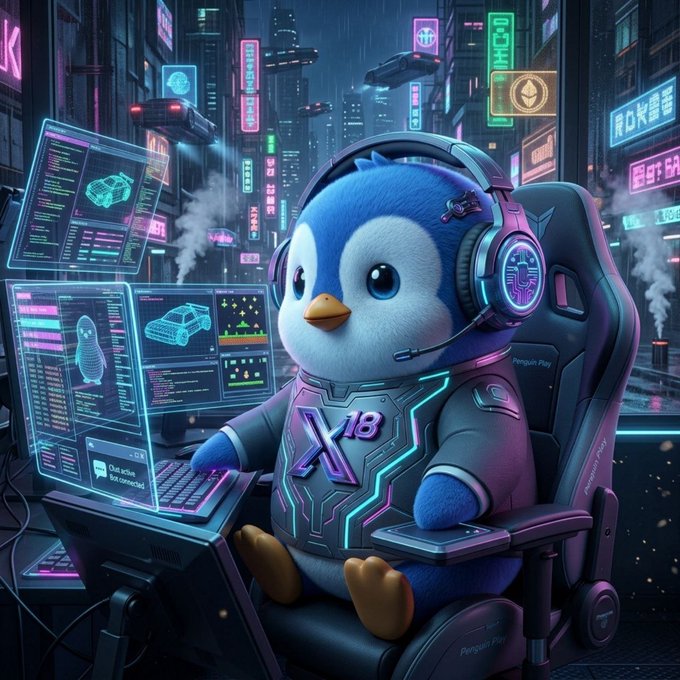 A futuristic penguin mascot wearing "X18" gear and gaming headphones sits at a multi-screen workstation in a neon-lit cyberpunk city, visually mirroring the post's description of $X18's fusion of trading, automation, and gamification—much like a gamer-streamer combining work and play in a single immersive setup.