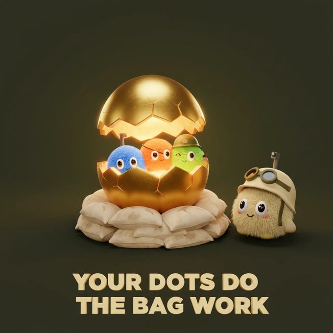 A 3D rendered illustration featuring three small, fuzzy, colored characters (blue, orange, green) inside a cracked golden egg, resting on sandbags, with another fuzzy character wearing a safari helmet nearby; text reads 'YOUR DOTS DO THE BAG WORK'.