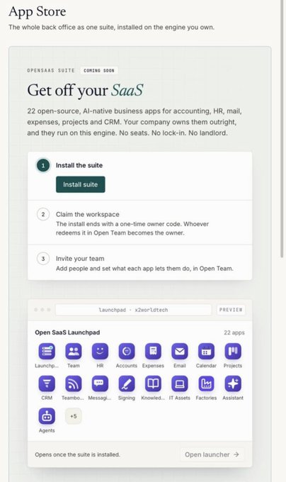 A webpage screenshot for the 'App Store' feature with the headline 'Get off your SaaS,' describing 22 open-source business apps and showing a 'Launchpad' preview with icons for apps such as CRM, HR, Accounting, Expenses, Email, Calendar, Projects, and more.