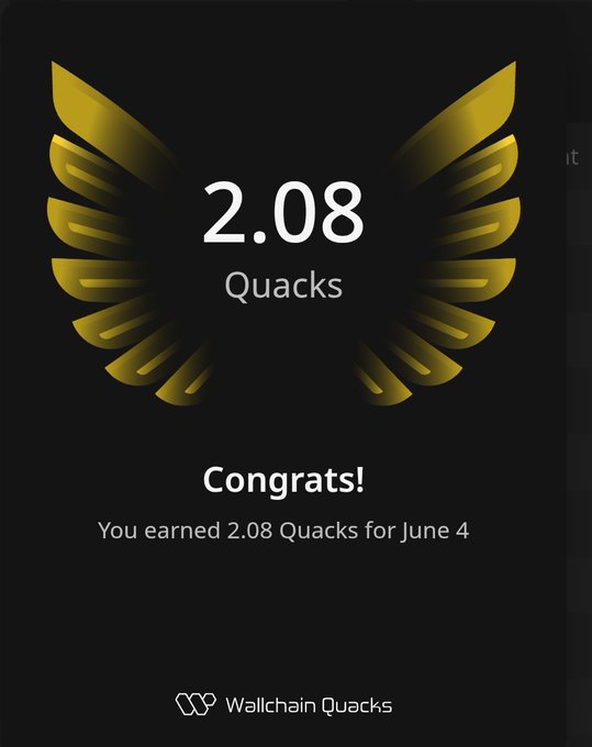 The image features a black background with gold text that reads "2.08 Quacks today. Small rewards, steady progress." Below this message, there's an award for earning 2.08 Quacks over the course of four days. The award is presented in a gold and yellow design, which adds to its visual appeal.
