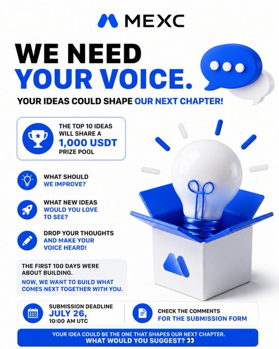 A MEXC promotional graphic announces a user feedback campaign with "WE NEED YOUR VOICE" as the headline, offering the top 10 ideas a share of a 1,000 USDT prize pool, with a submission deadline of July 26 at 10:00 AM UTC, accompanied by visuals of a lightbulb in a box and speech bubble icons encouraging user input on improvements and new ideas.