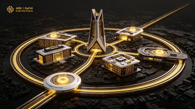 The image showcases a futuristic, dark-toned 3D rendering featuring a central skyscraper surrounded by glowing golden circular pathways that connect to four satellite buildings and a domed structure, symbolizing an interconnected network—directly visualizing the post's theme of Arkie AI App evolving into a hub linking AI agents, services, and real-world utility. The top-left corner displays the "ARK | DeFAI — Code the Future" logo, reinforcing the brand's presence and tying the visual's network motif to the message of building an AI economy rather than a single product.