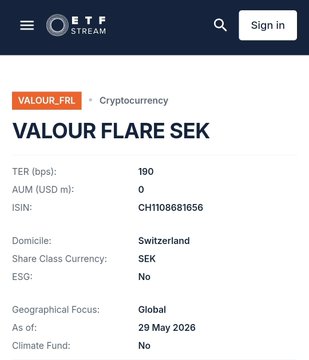 The image presents a screenshot of an online marketplace for trading Cryptocurrencies, specifically, Bitcoin, and Swiss Francs (CHF). It appears that someone has signed into this website and listed their currency pairs or cryptocurrency products available on the site. The post includes information about a regulated exchange-traded product (ETP) being offered by @ValourFunds, which allows traditional investors to directly invest in this market using their brokerage accounts. 

The image's focus is on providing details of the website and its offerings related to trading Cryptocurrencies.