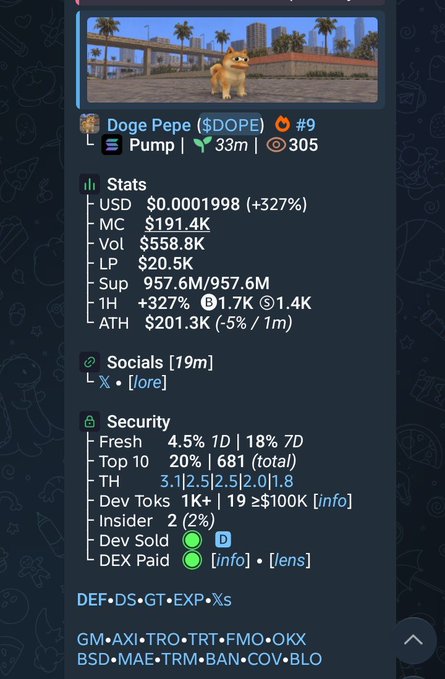 A cryptocurrency tracker card for 'Doge Pepe ($DOPE)' showing a price of $0.0001998 (+327%), market cap of $191.4K, and liquidity of $558.8K.