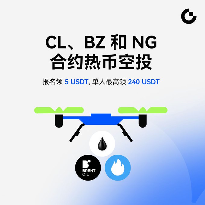 A promotional graphic features a drone with three circular icons representing crude oil (Brent Oil), and natural gas, alongside Chinese text announcing an airdrop for CL, BZ, and NG contract trades, offering 5 USDT per sign-up and up to 240 USDT per person from a 50,000 USDT prize pool.