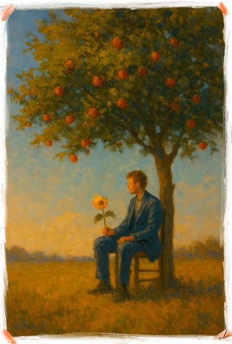 A painting depicting a young man in a blue suit sitting on a chair under an apple tree in a golden field, holding a single yellow sunflower.