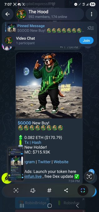 A mobile screenshot of a Telegram group called 'The Hood' with 592 members, showing a pinned message for a $GOOD token launch with an anthropomorphic dog mascot in a green hoodie standing on the moon.