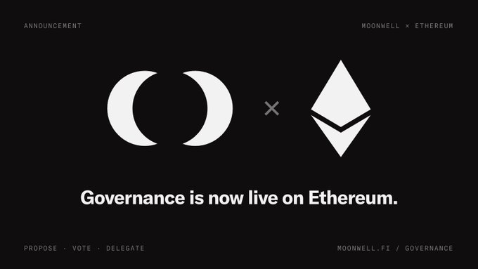 The image features a black background with two white shapes - an open circle and a triangle - positioned at opposite ends of the frame. The text "Governance is now live on Etherium" is written below these shapes, indicating that governance has been moved from Etherium to the Ethereum mainnet. This change allows for better control over the network's operations and improved security measures.