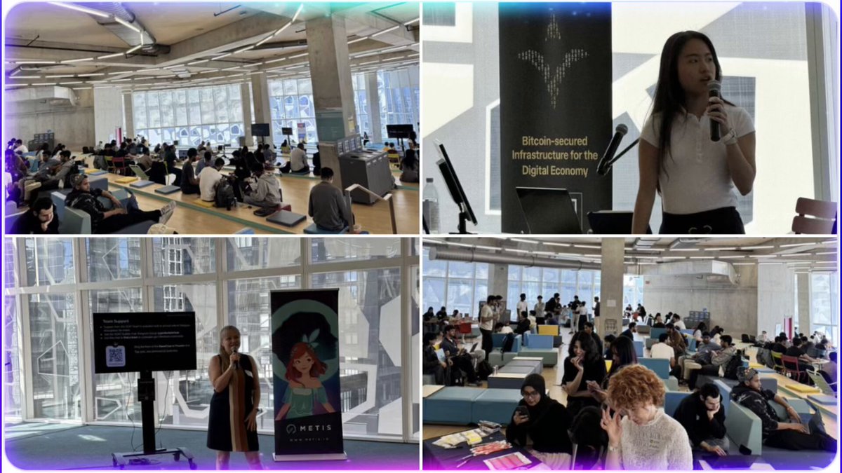 The image shows a collage of four photos depicting an event at the ClawUp AI hackathon in Toronto. The first photo captures a woman giving a speech, while the second photo features a man standing behind her. The third photo showcases another speaker on stage, and the fourth photo displays a group of people sitting around a table engaged in conversation.

The post highlights that the event was a huge success with over 230 builders registered for the hackathon and more than 62 new agents registered through AgentKit. This indicates a significant turnout and interest in the Hackathon's theme of "Digital Economy".