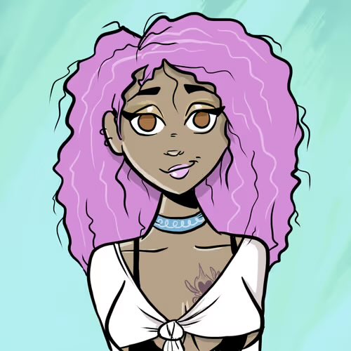 A digital illustration of a woman with voluminous purple curly hair, brown eyes, and a tattoo, wearing a white tied top against a teal background.