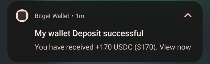 A notification from Bitget Wallet announces 'My wallet Deposit successful' indicating a receipt of +170 USDC ($170).