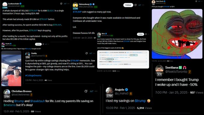 A collage of social media posts (X/Twitter) showing users complaining about losing money on the $TRUMP memecoin, with comments from Lookonchain, Melanburg, Zaddy, Christian Brenes, Angelo, and Svetlana lamenting losses from the memecoin rugpull.