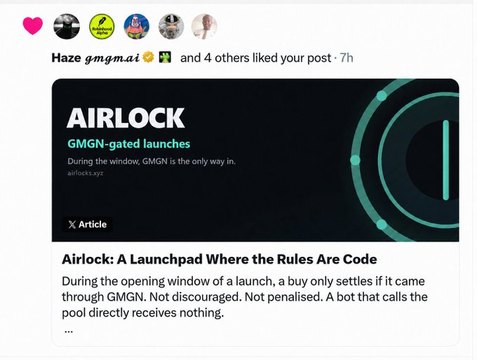 A social media post about AIRLOCK, a launchpad featuring GMGN-gated launches where buys must come through GMGN during opening windows.