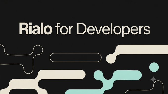 The image features a black background with the bold text "Rialo for Developers" alongside abstract cream and mint-green flowing shapes resembling interconnected nodes or circuits, visually echoing the post's emphasis on developer-friendly connectivity and seamless onchain app building.
