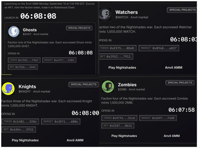 A dashboard for 'Nightshades' showing four NFT faction projects — Ghosts ($GHST), Watchers ($WATCH), Knights ($KNIGHT), and Zombies ($ZMBI) — with countdown timers indicating they launch on Anvil AMM Monday September 14 at 1:00 PM EDT.