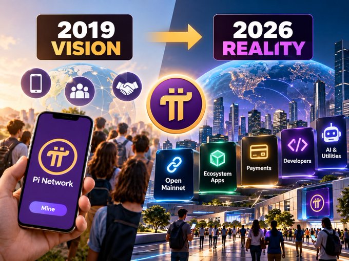 A promotional graphic comparing '2019 VISION' to '2026 REALITY' for Pi Network, showing a phone with a 'Mine' button and icons for Open Mainnet, Ecosystem Apps, Payments, Developers, and AI & Utilities.