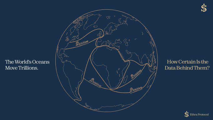 A minimalist dark blue presentation slide featuring a wireframe globe with orange shipping route lines, titled 'The World's Oceans Move Trillions' and 'How Certain Is the Data Behind Them?' with an 'Ethra Protocol' logo.