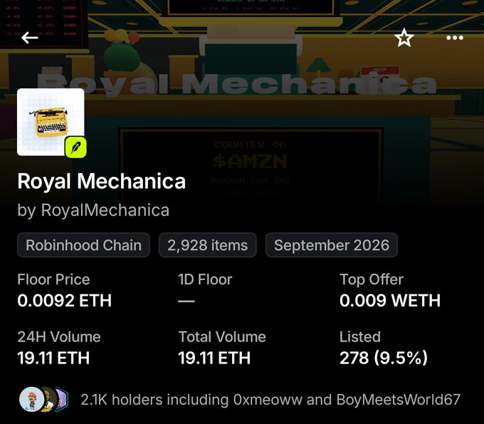 Screenshot of a Royal Mechanica NFT collection page on Robinhood Chain, showing 2,928 items with a floor price of 0.0092 ETH, 2.1K holders (including Oxmeoww and BoyMeetsWorld67), and the creator noting they both minted and purchased on secondary.