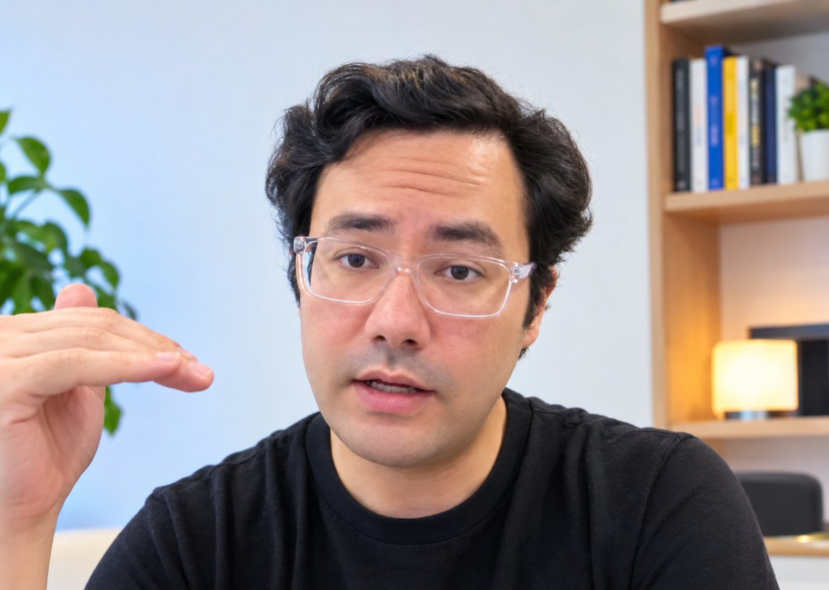 A man with curly dark hair and clear-framed glasses gestures with his right hand while speaking, with a plant and bookshelf visible behind him.