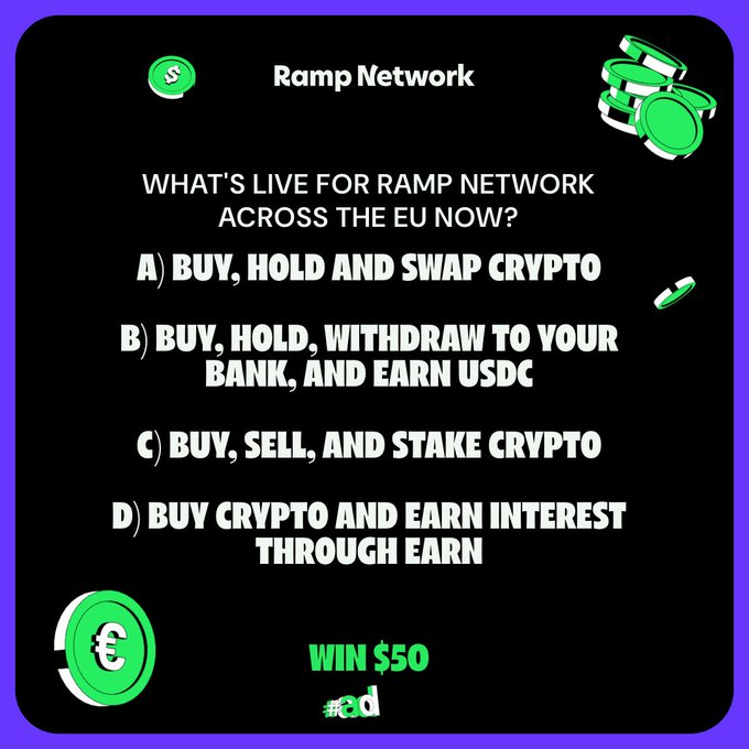 A multiple-choice question asks 'WHAT'S LIVE FOR RAMP NETWORK ACROSS THE EU NOW?' with options including 'BUY, HOLD AND SWAP CRYPTO' and a prize of 'WIN $50'.