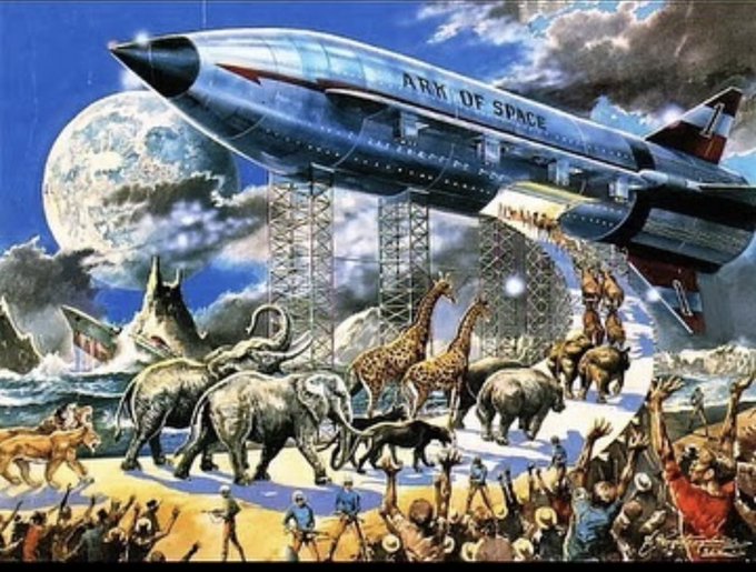 Vintage-style sci-fi illustration showing a large rocket ship labeled 'ARK OF SPACE' launching above a crowd of people, alongside a parade of animals including elephants, giraffes, and dinosaurs.