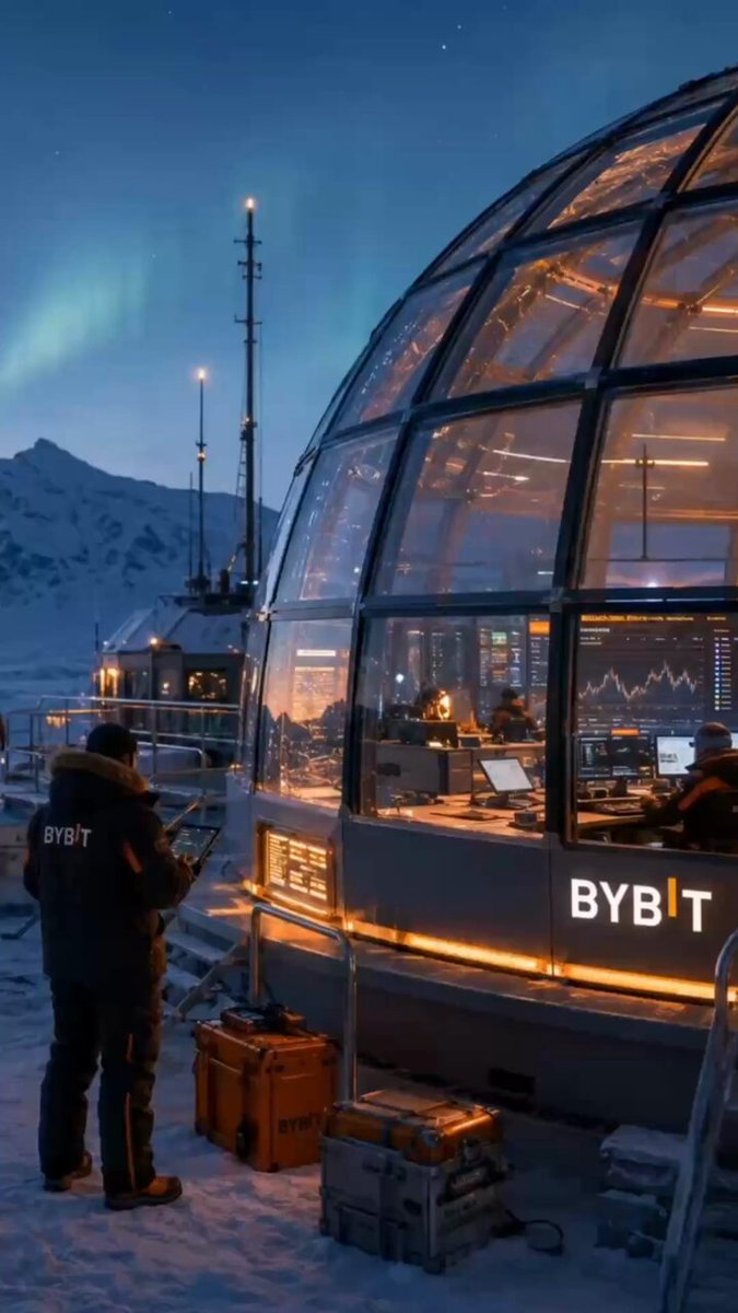 The image shows a man standing outside of an ice hotel, wearing a black jacket and holding a camera. The hotel has a large glass dome roof that allows for natural light to enter the interior. There are several orange suitcases placed near the man's feet, possibly belonging to guests or staff members at the hotel. The post about "Bybit" is related to the ice hotel as it seems to be promoting an innovative concept of using frozen water and ice structures as a unique accommodation experience for travelers.

The image also features a mountain in the background, which adds to the overall ambiance of the scene.